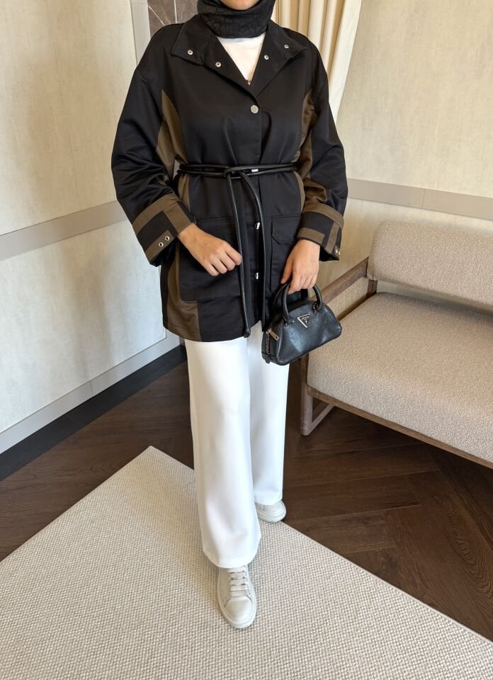 Garnili Deri Kuşaklı Trenç (Siyah)