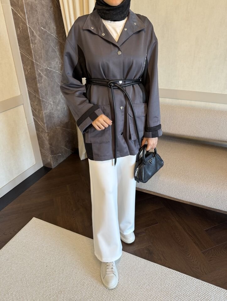 Garnili Deri Kuşaklı Trenç (Gri)