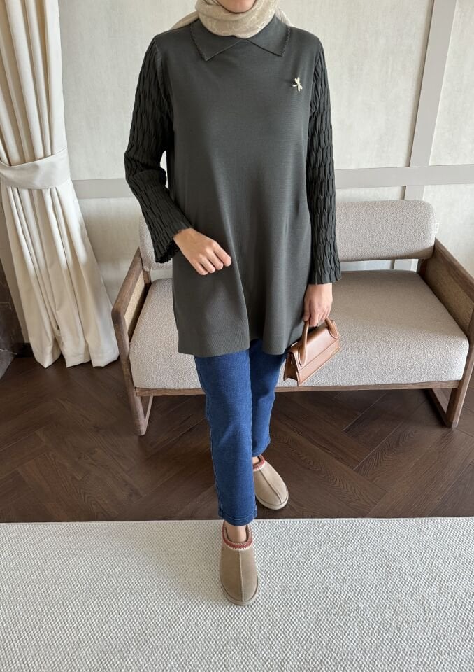 Kolları Desenli Yakalı Merserize Tunik (Haki)