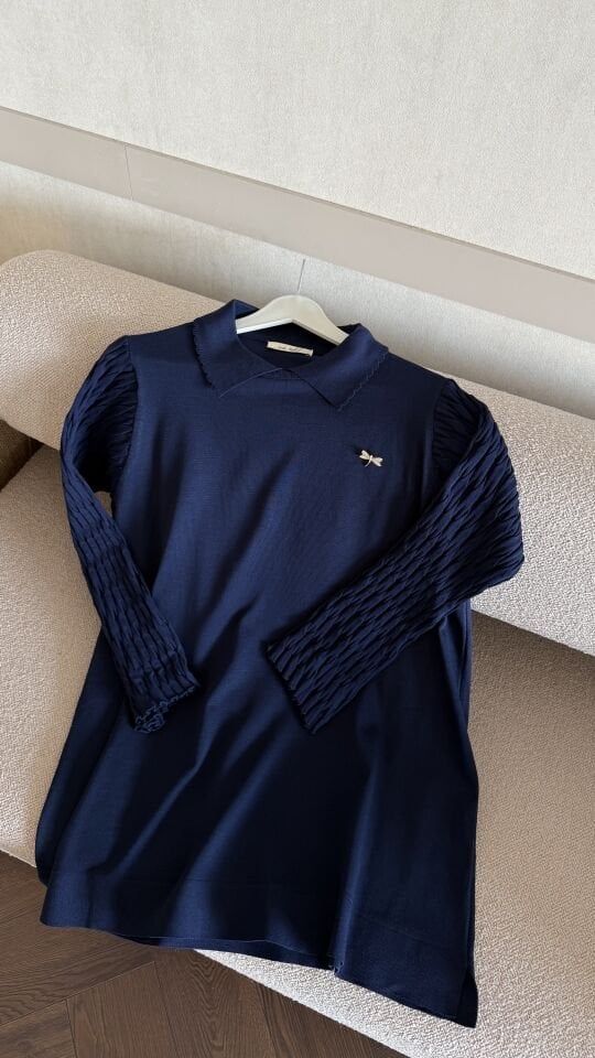 Kolları Desenli Yakalı Merserize Tunik (Lacivert)