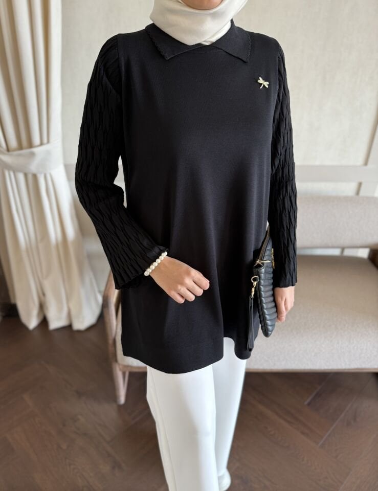 Kolları Desenli Yakalı Merserize Tunik (Siyah)