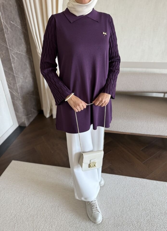 Kolları Desenli Yakalı Merserize Tunik (Mor)