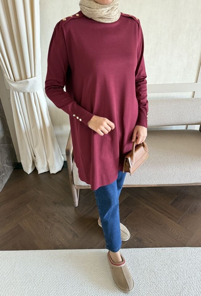Omzu Patlı Merserize Tunik (Bordo)