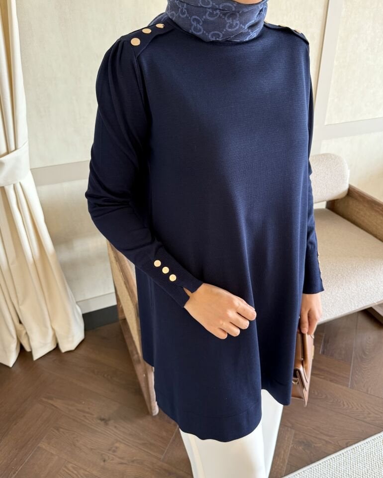 Omzu Patlı Merserize Tunik (Lacivert)