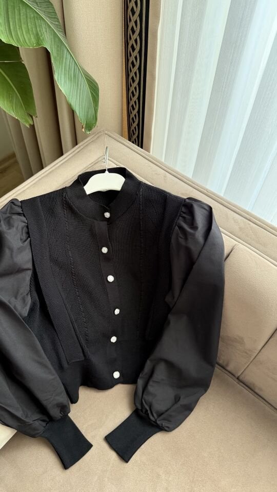 Kolları Poplin Detaylı Bali Hırka (Siyah)