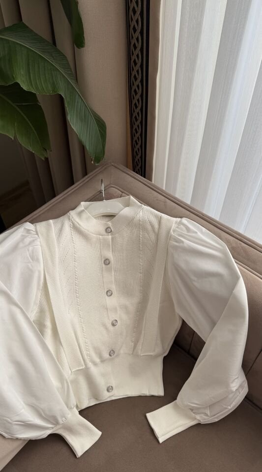 Kolları Poplin Detaylı Bali Hırka (Kırık Beyaz)