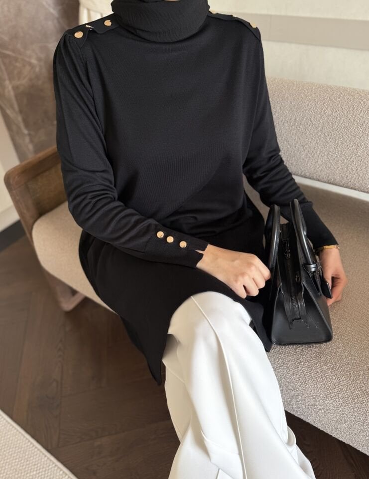 Omzu Patlı Merserize Tunik (Siyah)