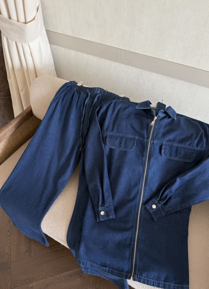 Fermuarlı Denim Takım (Koyu Mavi)