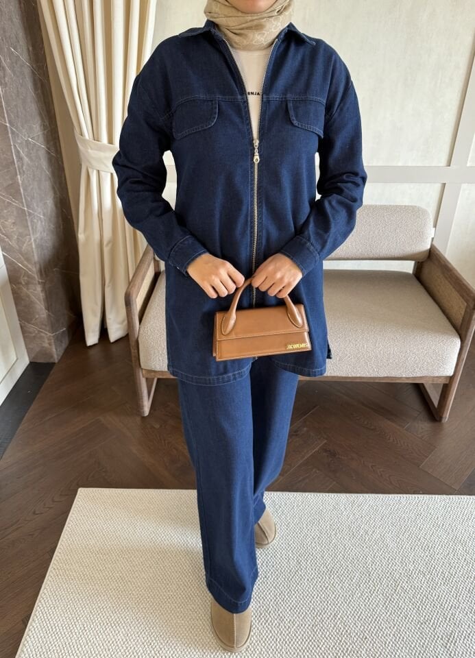 Fermuarlı Denim Takım (Koyu Mavi)