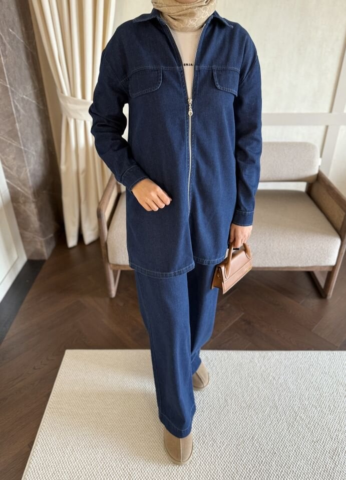 Fermuarlı Denim Takım (Koyu Mavi)