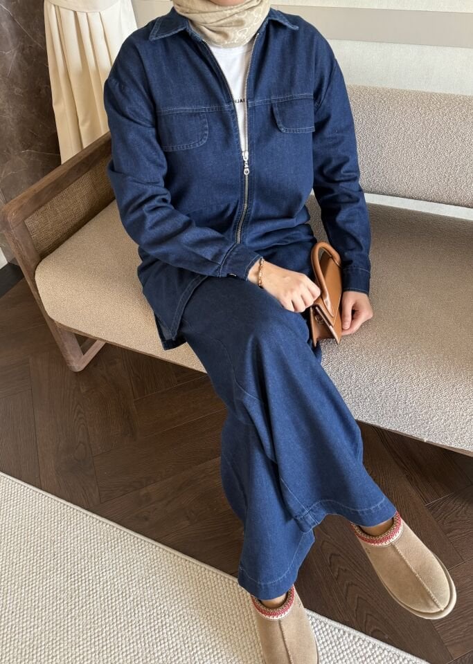 Fermuarlı Denim Takım (Koyu Mavi)