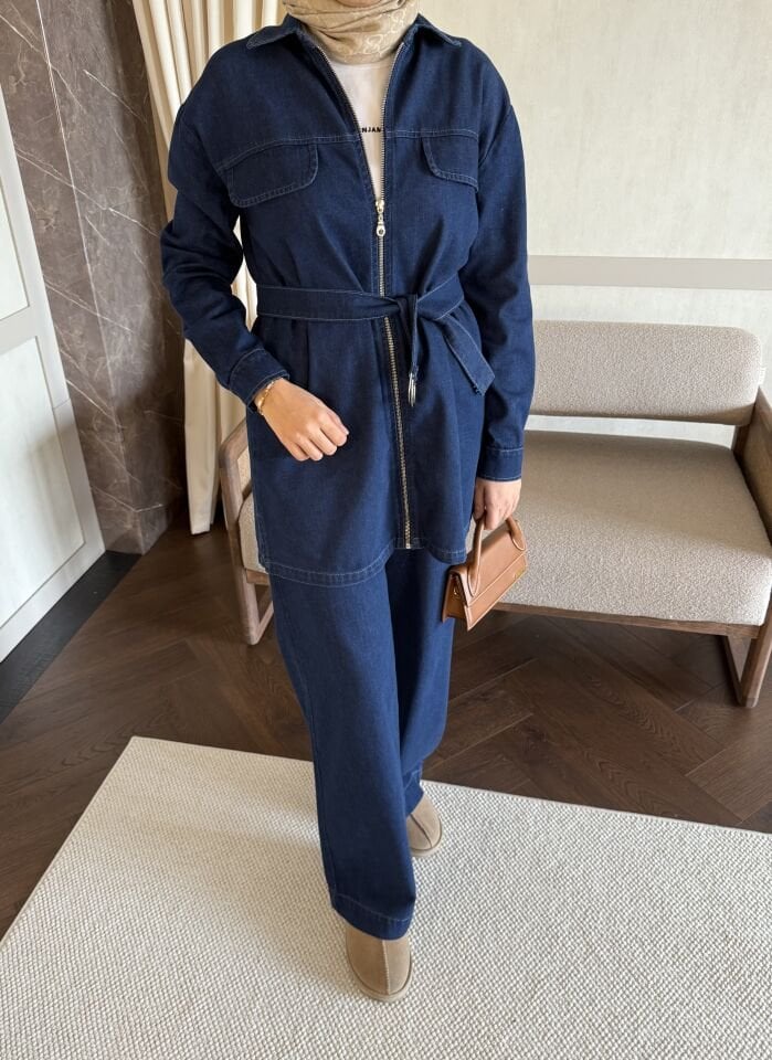 Fermuarlı Denim Takım (Koyu Mavi)
