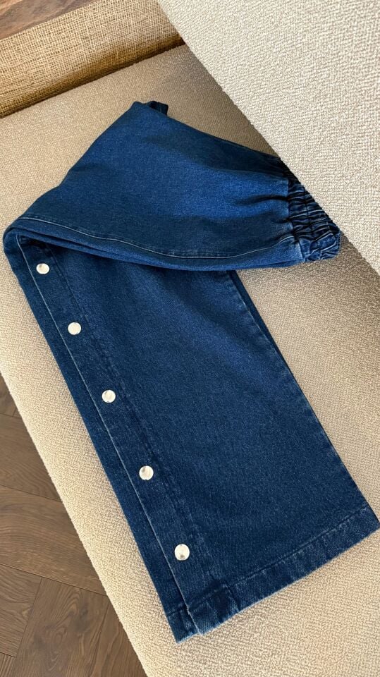 Çıt Çıtlı Kot Bol Paça Pantolon (Koyu Mavi)