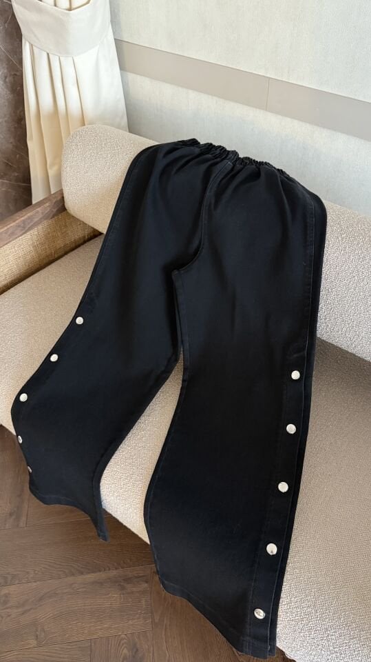 Çıt Çıtlı Kot Bol Paça Pantolon (Siyah)