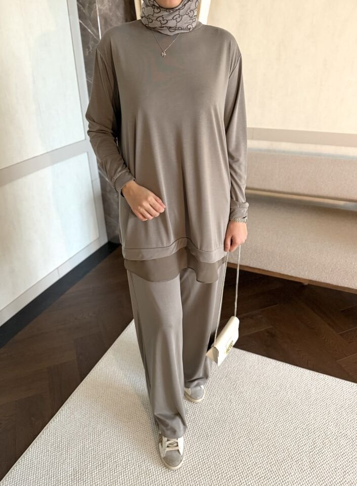 Tül Detaylı Modal Takım (Açık Haki)