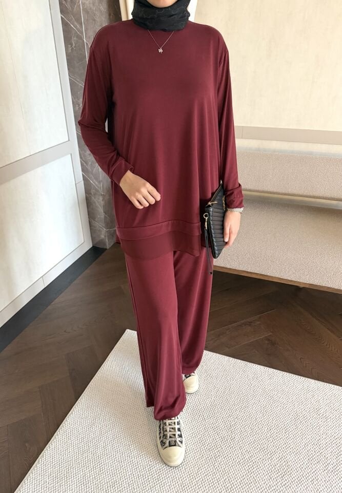 Tül Detaylı Modal Takım (Bordo)